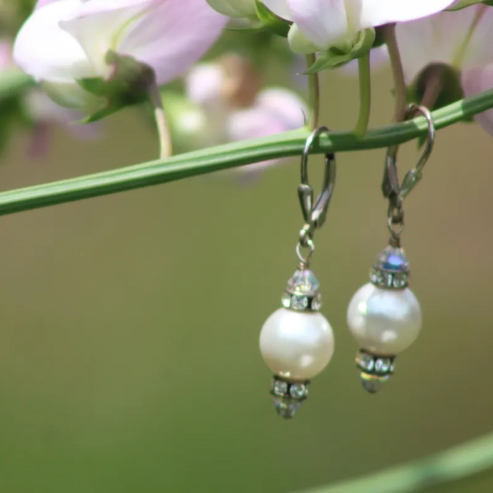 Vintage Faux Pearl,  Rhinestone Studded Spacer & Cut Glass Beaded Earrings, SS